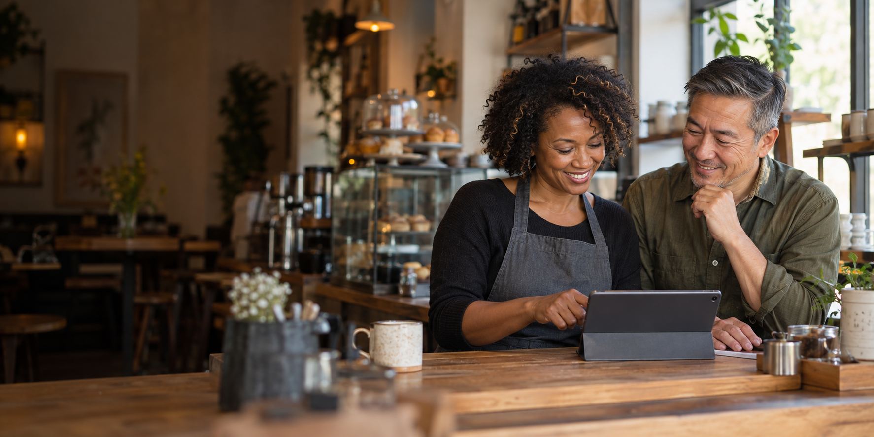 AI-generated scene of two café operators sharing a smile as they review a tablet at the counter.