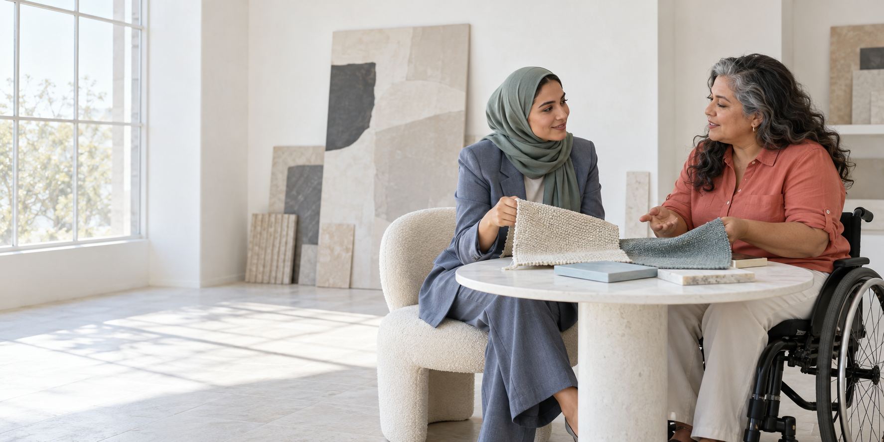 AI-generated scene of two women, including a wheelchair user, reviewing fabric and tile samples in a bright design studio.