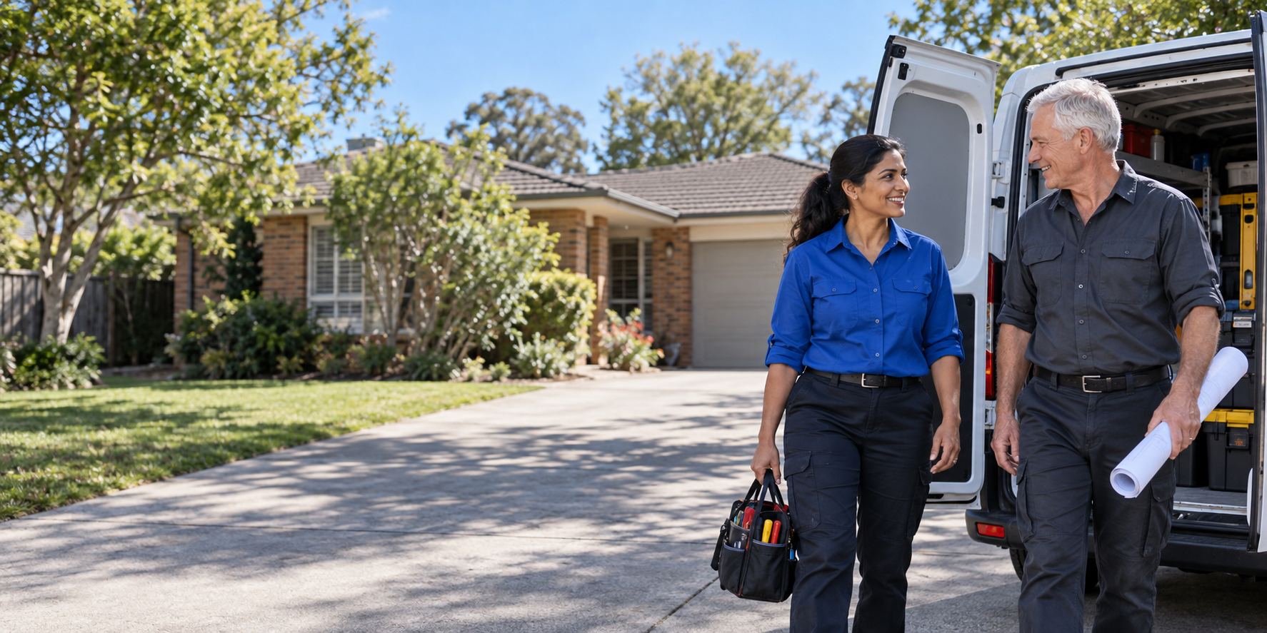 AI-generated scene of two local service professionals with tools beside a work van on a sunny driveway.