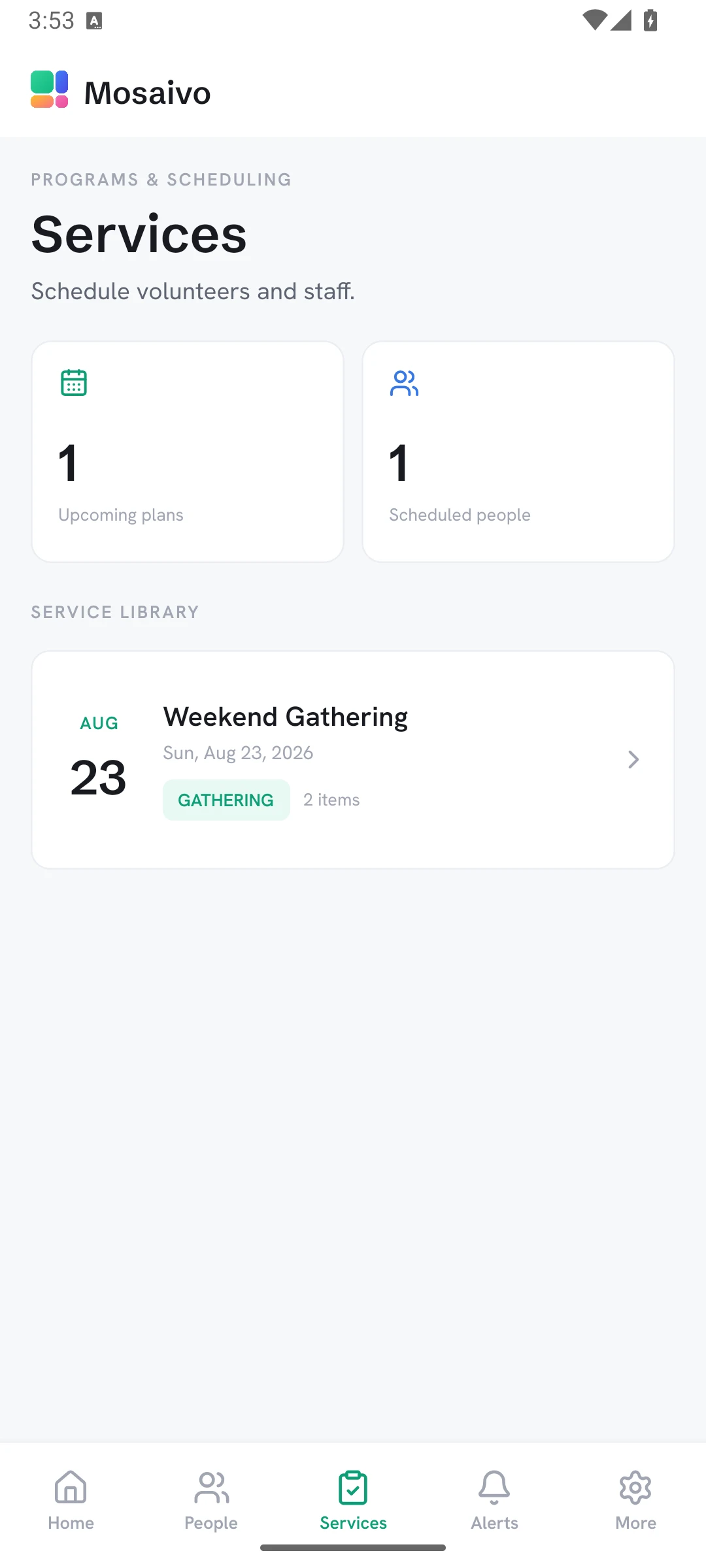 Mosaivo demo service-planning screen showing an upcoming Weekend Gathering.