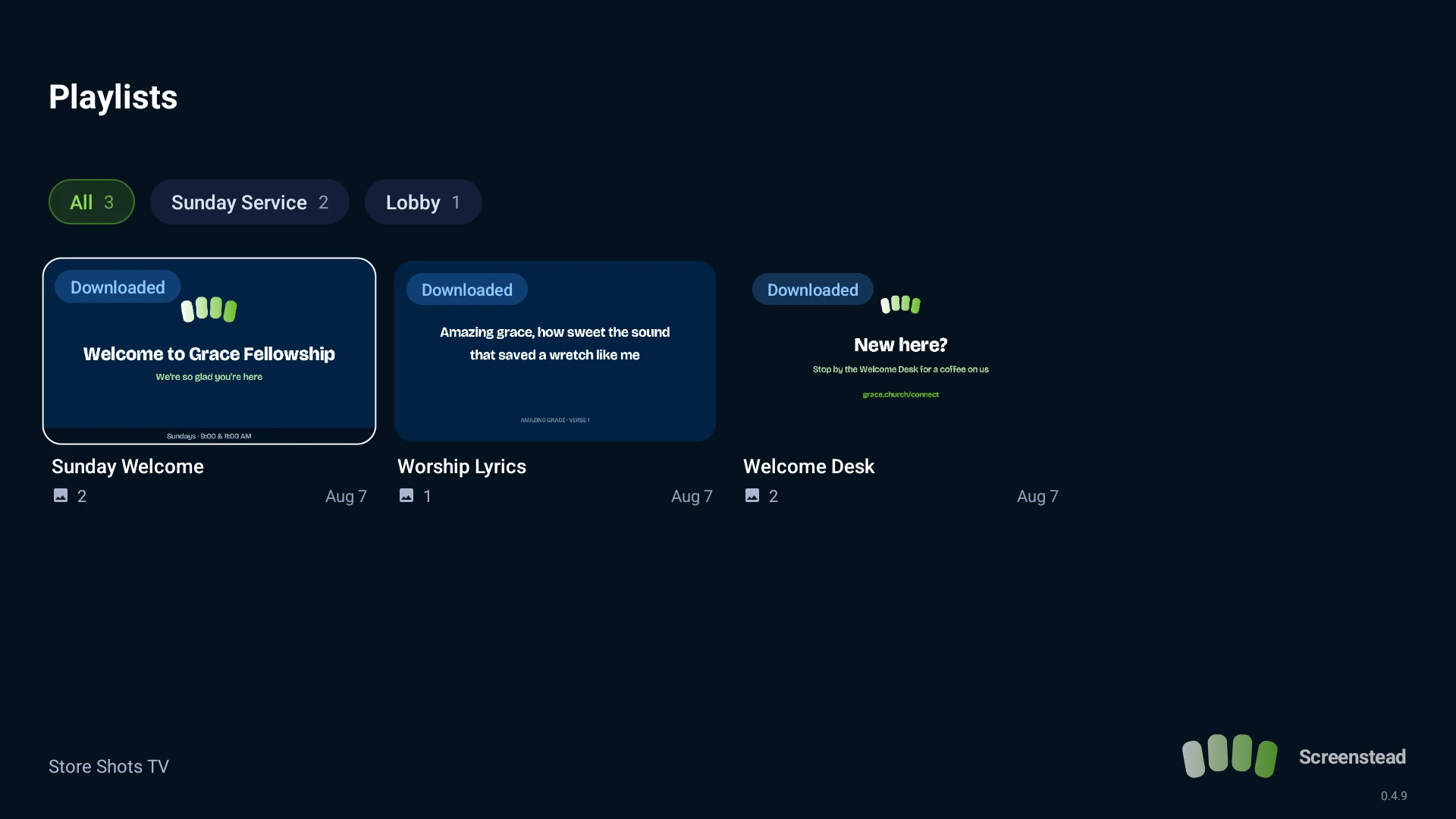 Screenstead TV demo showing three sample playlists, including a welcome screen and welcome desk.